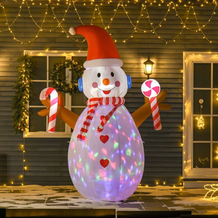 Homcom 2.4m Christmas Inflatable Snowman With Candy, Rotating Lighted For Home Indoor Outdoor Garden Lawn Decoration Party Prop
