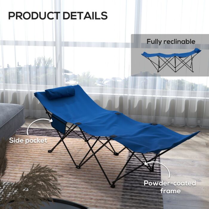 Outsunny Foldable Sun Lounger, Outdoor Tanning Sun Lounger Chair With Side Pocket, Headrest, Oxford Seat, Dark Blue