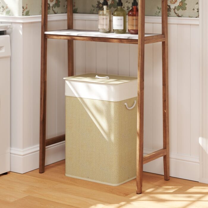 Homcom Bamboo Laundry Basket With Lid, 72l Laundry Hamper With Rope Handles, Washing Basket With Removable Washable Liner Bag For Bathroom, Bedroom, Nature Wood Finish