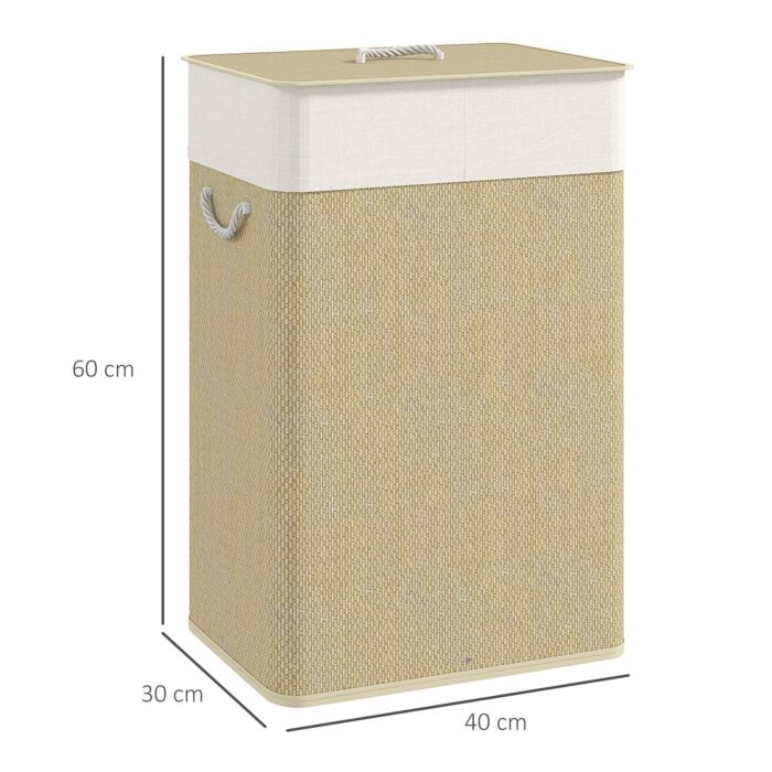 Homcom Bamboo Laundry Basket With Lid, 72l Laundry Hamper With Rope Handles, Washing Basket With Removable Washable Liner Bag For Bathroom, Bedroom, Nature Wood Finish