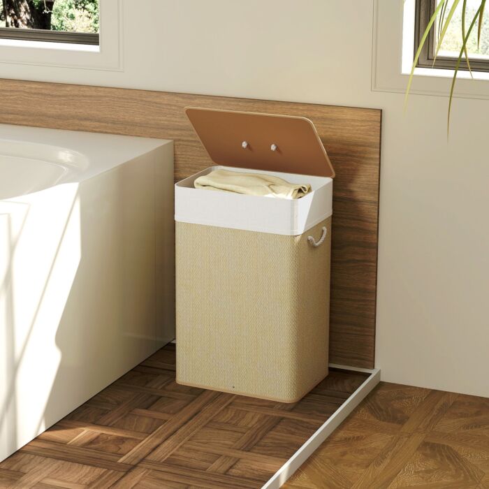Homcom Bamboo Laundry Basket With Lid, 72l Laundry Hamper With Rope Handles, Washing Basket With Removable Washable Liner Bag For Bathroom, Bedroom, Nature Wood Finish