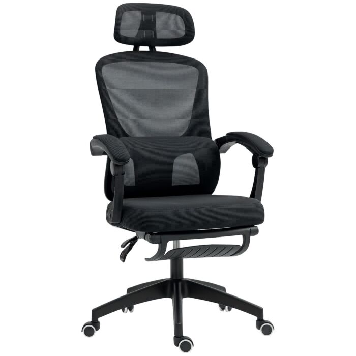 Homcom Ergonomic Office Chair, Mesh High Back Desk Chair With Adjustable Lumbar Support And Headrest, Footrest, Reclining Executive Swivel Computer Chair For Home Study, Black