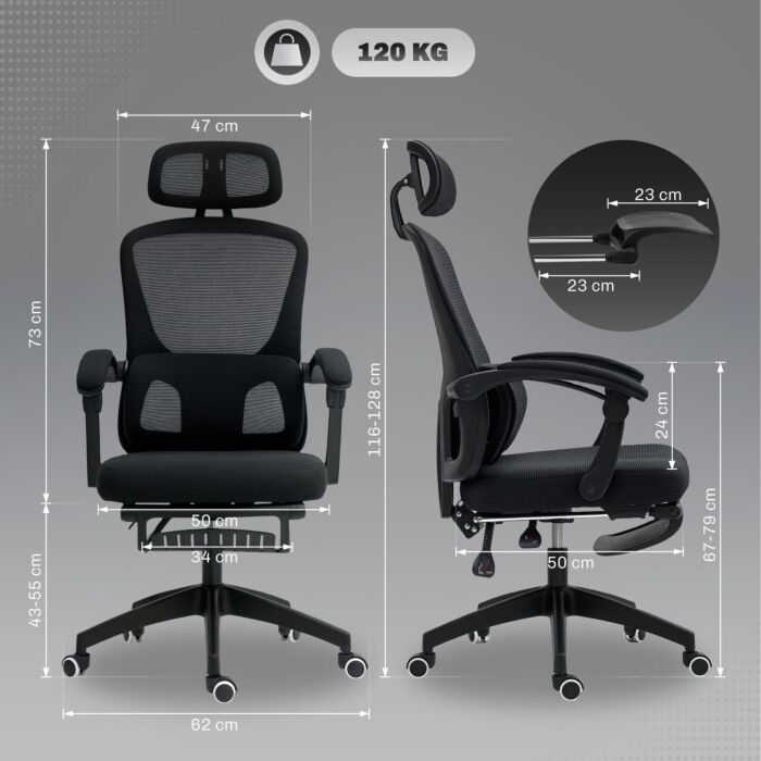 Homcom Ergonomic Office Chair, Mesh High Back Desk Chair With Adjustable Lumbar Support And Headrest, Footrest, Reclining Executive Swivel Computer Chair For Home Study, Black