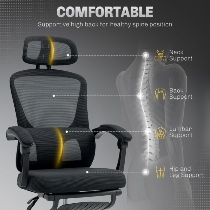 Homcom Ergonomic Office Chair, Mesh High Back Desk Chair With Adjustable Lumbar Support And Headrest, Footrest, Reclining Executive Swivel Computer Chair For Home Study, Black