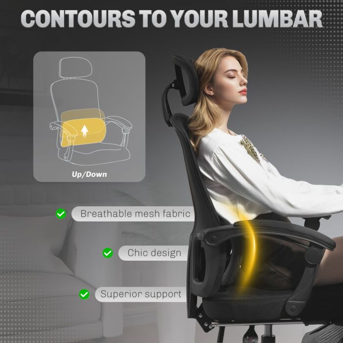Homcom Ergonomic Office Chair, Mesh High Back Desk Chair With Adjustable Lumbar Support And Headrest, Footrest, Reclining Executive Swivel Computer Chair For Home Study, Black