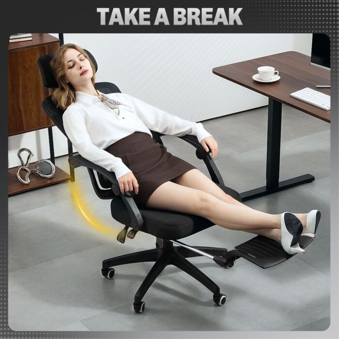 Homcom Ergonomic Office Chair, Mesh High Back Desk Chair With Adjustable Lumbar Support And Headrest, Footrest, Reclining Executive Swivel Computer Chair For Home Study, Black