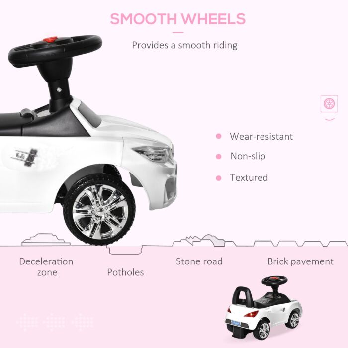 Homcom Ride On Sliding Car Baby Toddler Walker Foot To Floor Slider Stroller W/ Horn Music Working Lights Hidden Storage Big Steering Wheel White