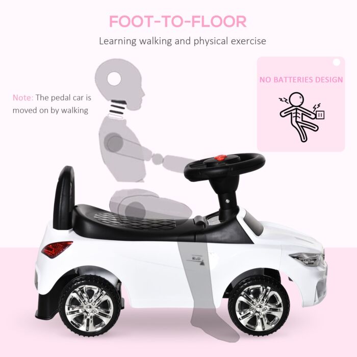 Homcom Ride On Sliding Car Baby Toddler Walker Foot To Floor Slider Stroller W/ Horn Music Working Lights Hidden Storage Big Steering Wheel White