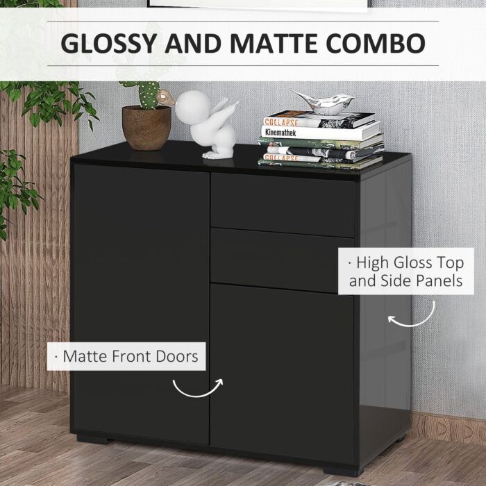 Homcom High Gloss Sideboard, Side Cabinet, Push-open Design With 2 Drawer, Black