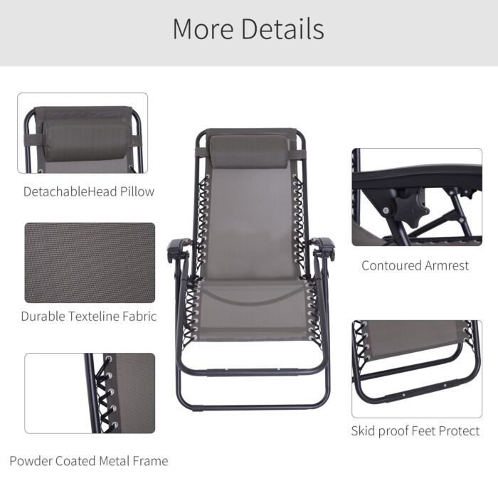 Outsunny Zero Gravity Chair Outdoor Folding & Reclining Sun Lounger With Head Pillow, Grey