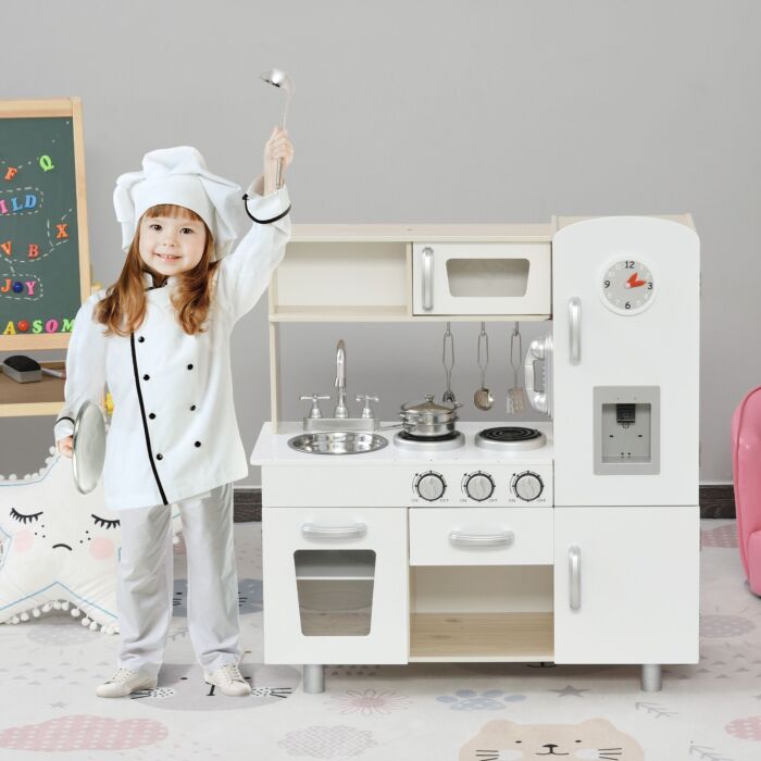 Homcom Kids Kitchen Playset Luxury Kitchen Accessories Set Pretend Cooking Set With Telephone Ice Machine, White