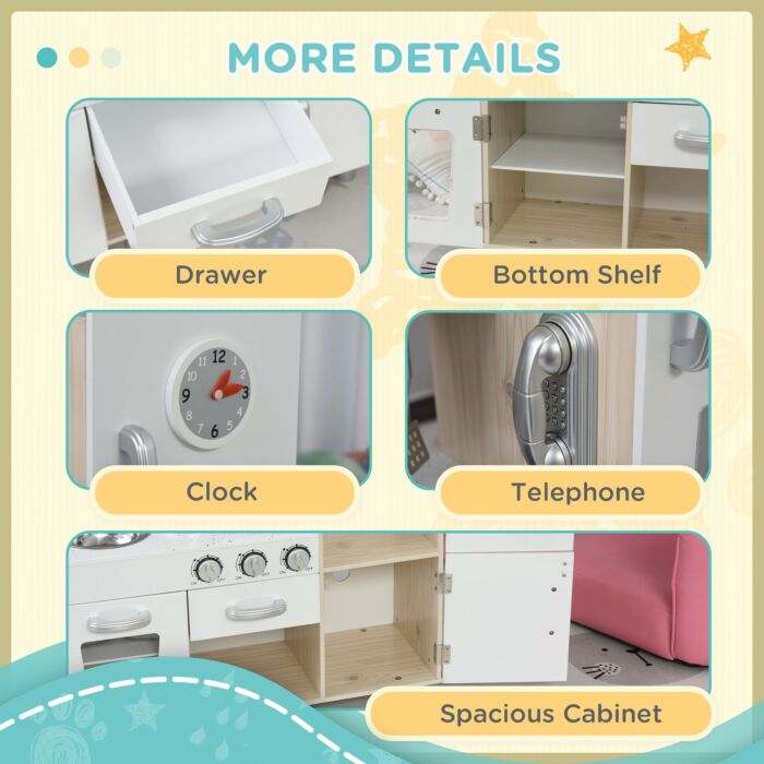 Homcom Kids Kitchen Playset Luxury Kitchen Accessories Set Pretend Cooking Set With Telephone Ice Machine, White