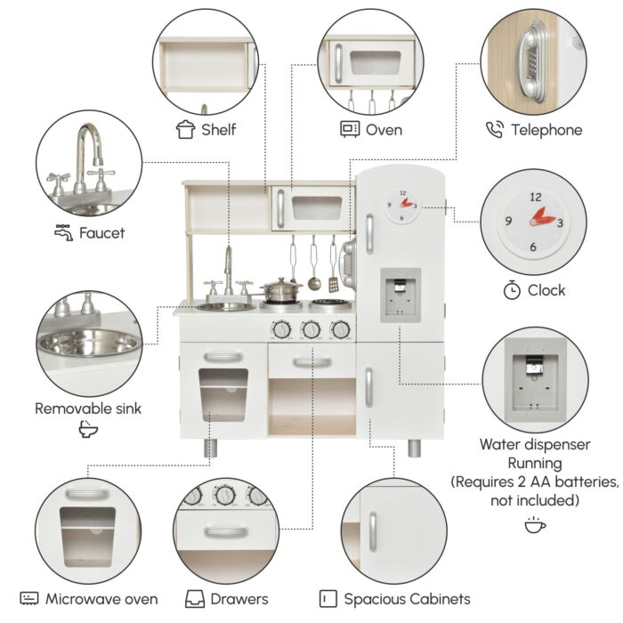Homcom Kids Kitchen Playset Luxury Kitchen Accessories Set Pretend Cooking Set With Telephone Ice Machine, White