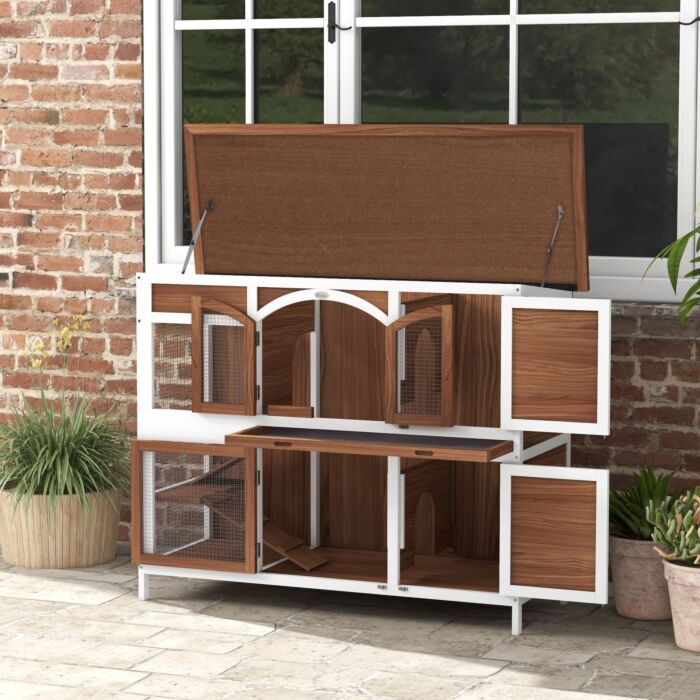 Pawhut Two-tier Wooden Pet Hutch With Openable Roof, Slide-out Tray