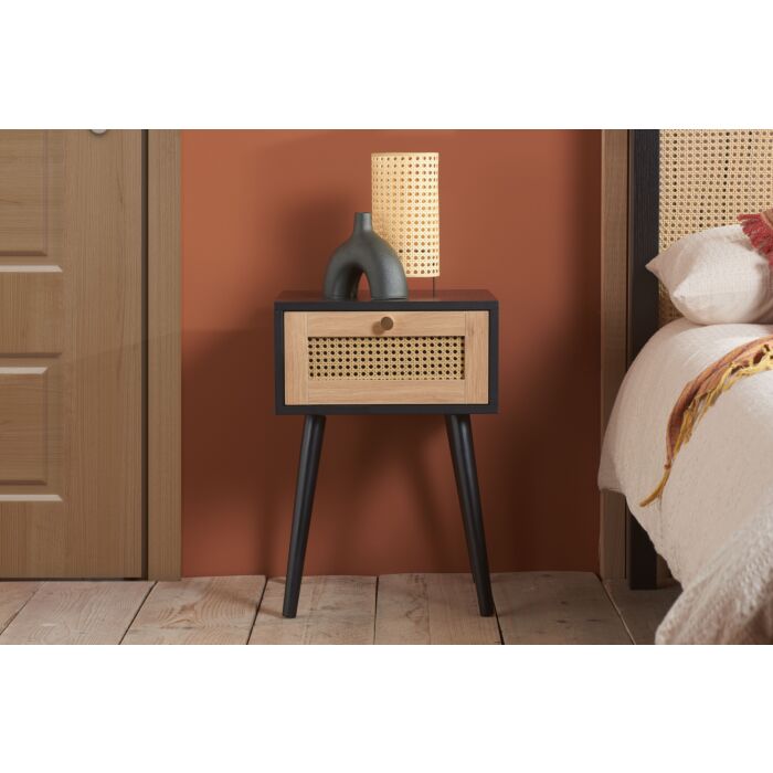 Croxley 1 Drawer Rattan Bedside Black