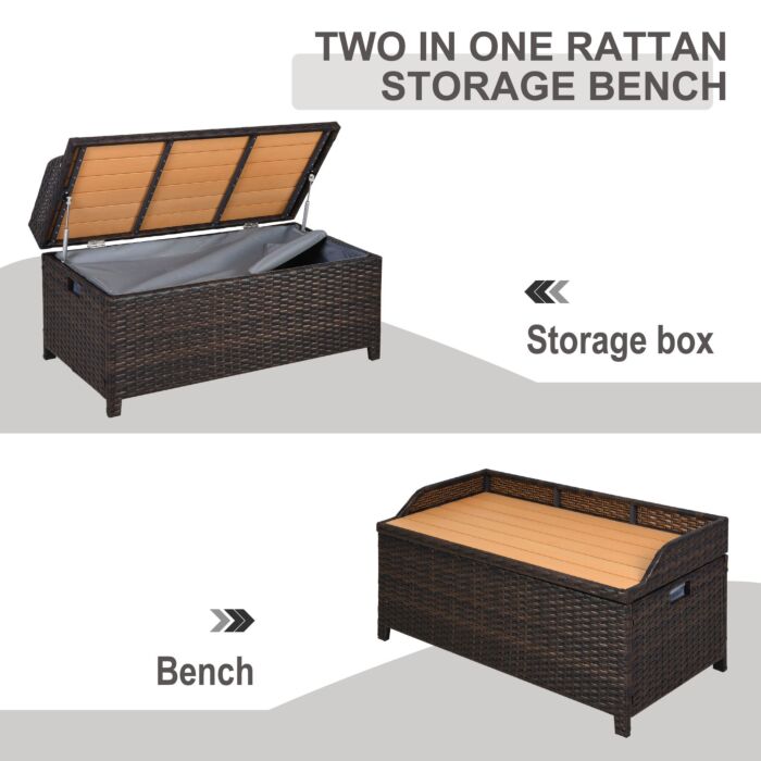 Outsunny Patio Pe Rattan Wicker Storage Basket Box Bench Seat Furniture W/ Cushion Brown