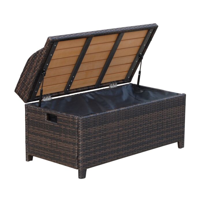 Outsunny Patio Pe Rattan Wicker Storage Basket Box Bench Seat Furniture W/ Cushion Brown