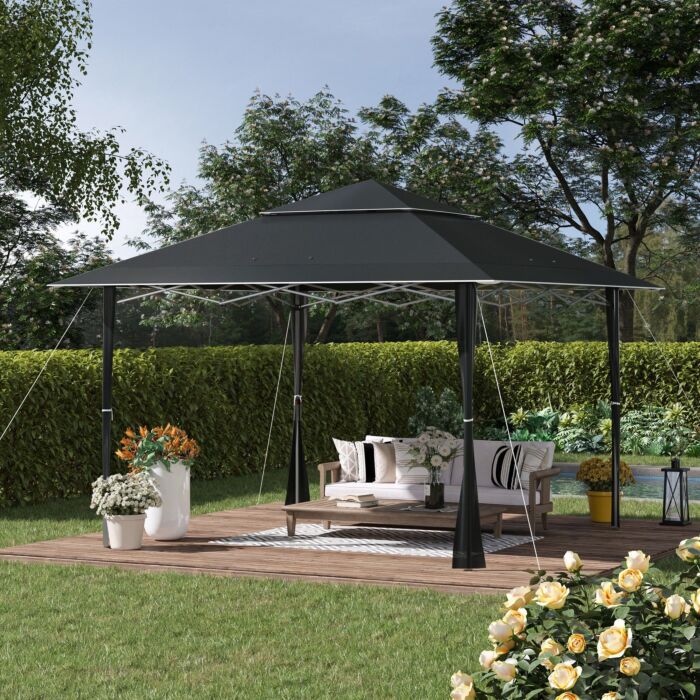 Outsunny 4 X 4m Pop-up Gazebo Double Roof Canopy Tent With Roller Bag & Adjustable Legs Outdoor Party, Steel Frame, Dark Grey