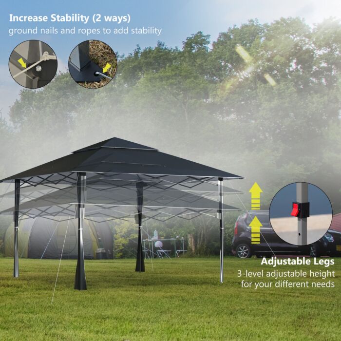 Outsunny 4 X 4m Pop-up Gazebo Double Roof Canopy Tent With Roller Bag & Adjustable Legs Outdoor Party, Steel Frame, Dark Grey