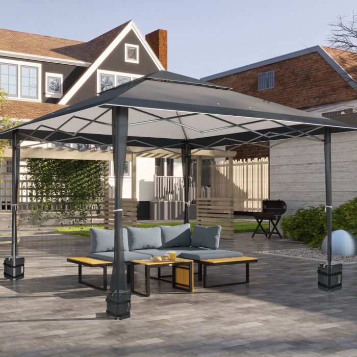 Outsunny 4 X 4m Pop-up Gazebo Double Roof Canopy Tent With Roller Bag & Adjustable Legs Outdoor Party, Steel Frame, Dark Grey