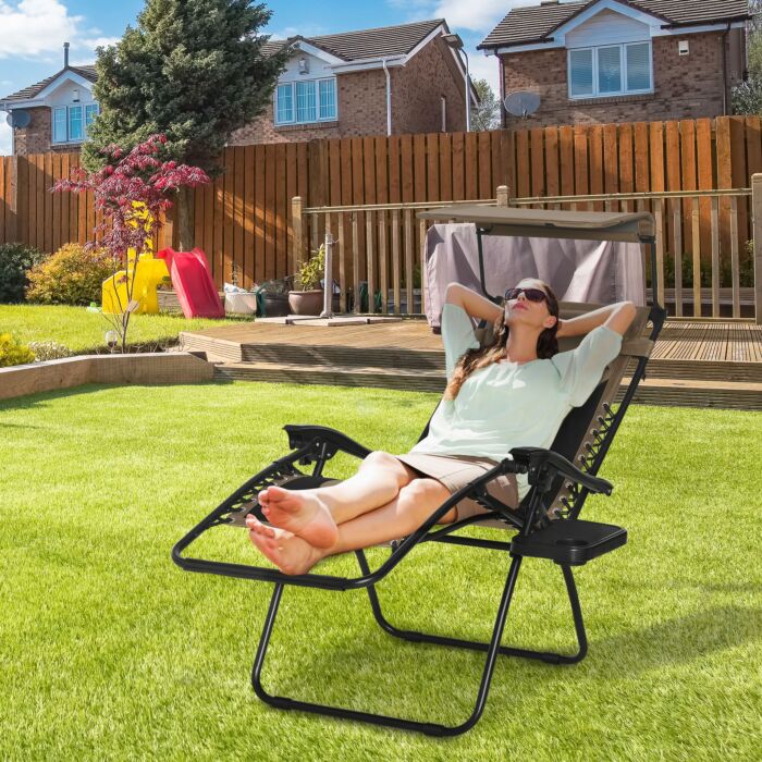 Outsunny Zero Gravity Lounger Chair, Folding Reclining Patio Chair With Shade Cover, Cup Holder And Headrest For Poolside, Brown