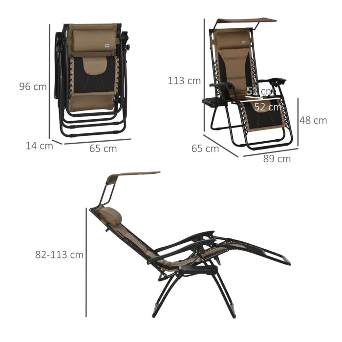 Outsunny Zero Gravity Lounger Chair, Folding Reclining Patio Chair With Shade Cover, Cup Holder And Headrest For Poolside, Brown
