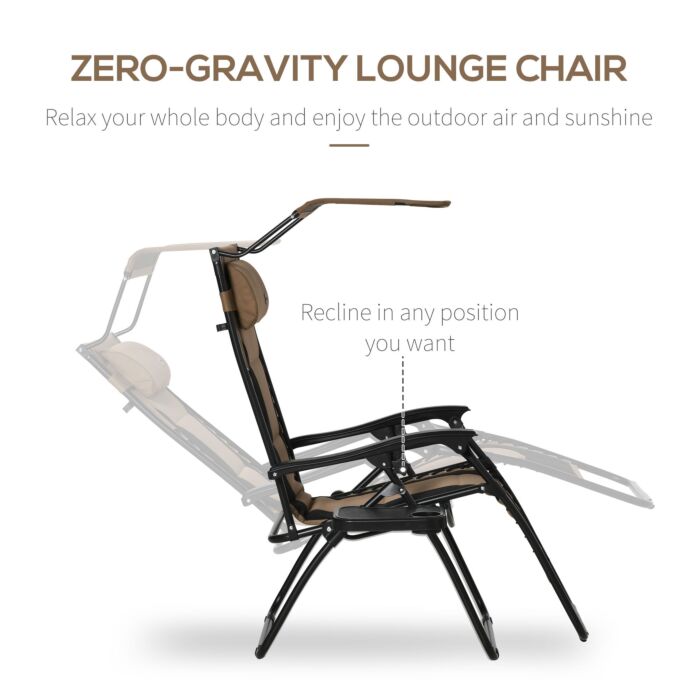 Outsunny Zero Gravity Lounger Chair, Folding Reclining Patio Chair With Shade Cover, Cup Holder And Headrest For Poolside, Brown
