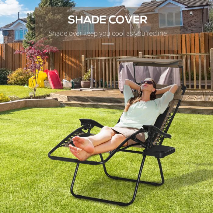 Outsunny Zero Gravity Lounger Chair, Folding Reclining Patio Chair With Shade Cover, Cup Holder And Headrest For Poolside, Brown