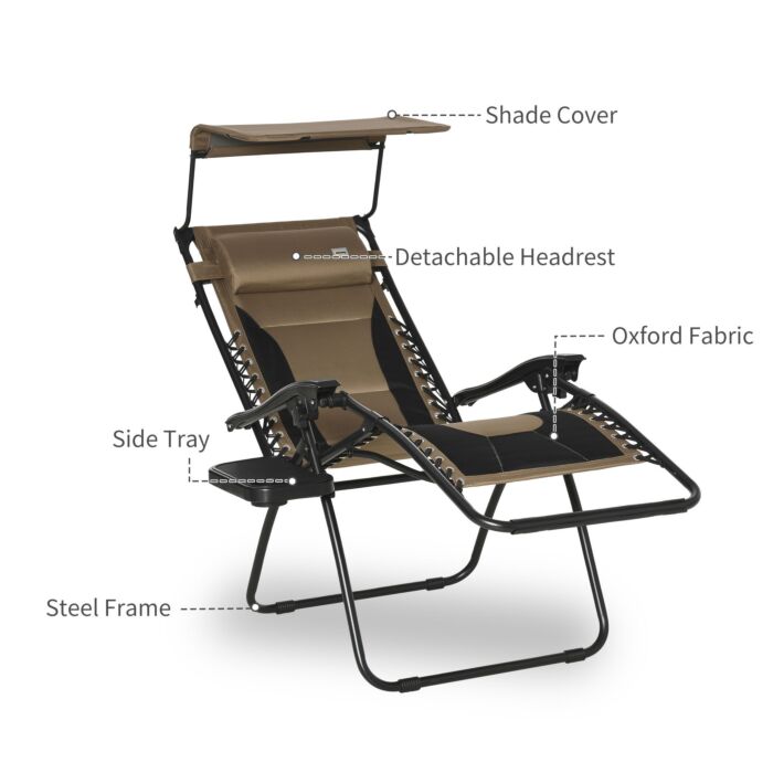 Outsunny Zero Gravity Lounger Chair, Folding Reclining Patio Chair With Shade Cover, Cup Holder And Headrest For Poolside, Brown
