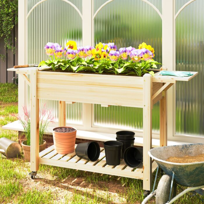 Outsunny Raised Garden Bed, Wooden Elevated Planter Box With Lockable Wheels, Side Tables And Bottom Shelf, Outdoor Planter With Liner And Drainage Holes For Vegetables, Flowers, Fruits, Natural