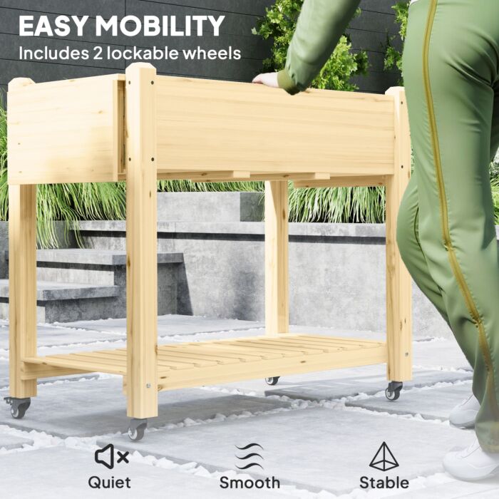 Outsunny Raised Garden Bed, Wooden Elevated Planter Box With Lockable Wheels, Side Tables And Bottom Shelf, Outdoor Planter With Liner And Drainage Holes For Vegetables, Flowers, Fruits, Natural