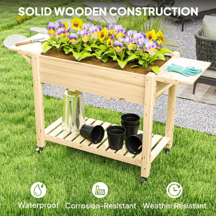 Outsunny Raised Garden Bed, Wooden Elevated Planter Box With Lockable Wheels, Side Tables And Bottom Shelf, Outdoor Planter With Liner And Drainage Holes For Vegetables, Flowers, Fruits, Natural