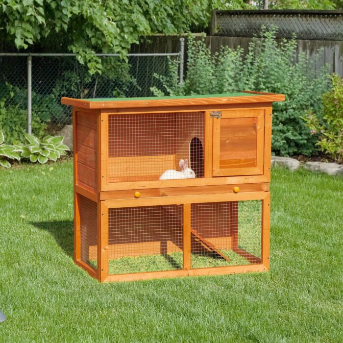 Pawhut 2-tier Rabbit Hutch Wooden Guinea Pig Hutch Double Decker Pet Cage Run With Sliding Tray Opening Top