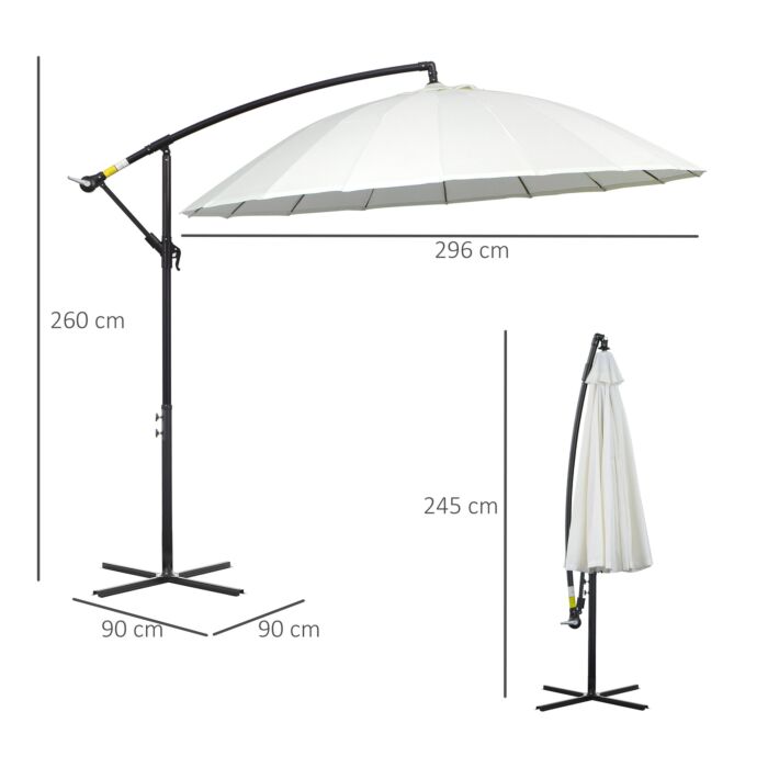 Outsunny 3(m) Cantilever Shanghai Parasol Garden Hanging Banana Sun Umbrella With Crank Handle, 18 Sturdy Ribs And Cross Base, Off-white