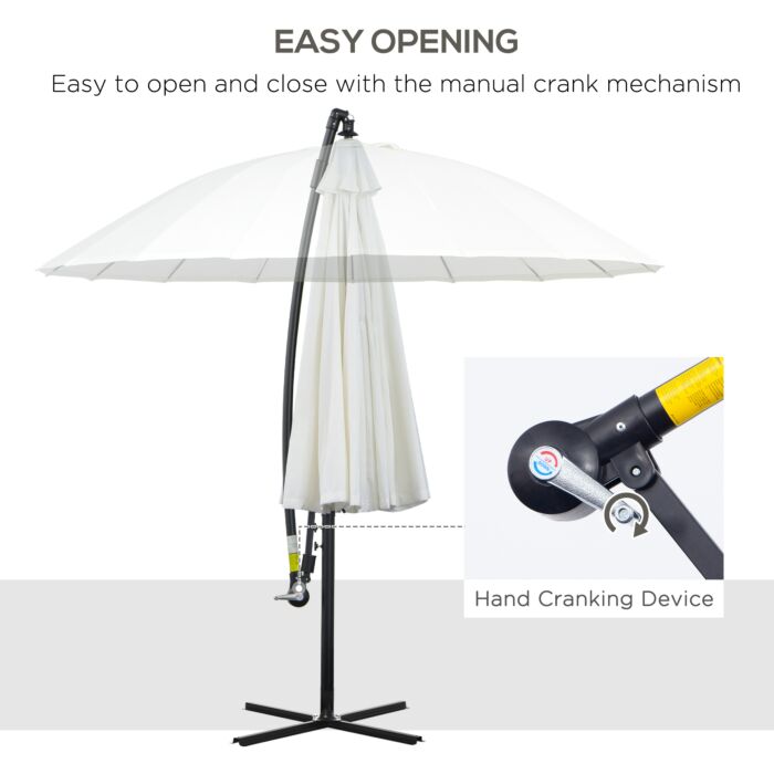 Outsunny 3(m) Cantilever Shanghai Parasol Garden Hanging Banana Sun Umbrella With Crank Handle, 18 Sturdy Ribs And Cross Base, Off-white