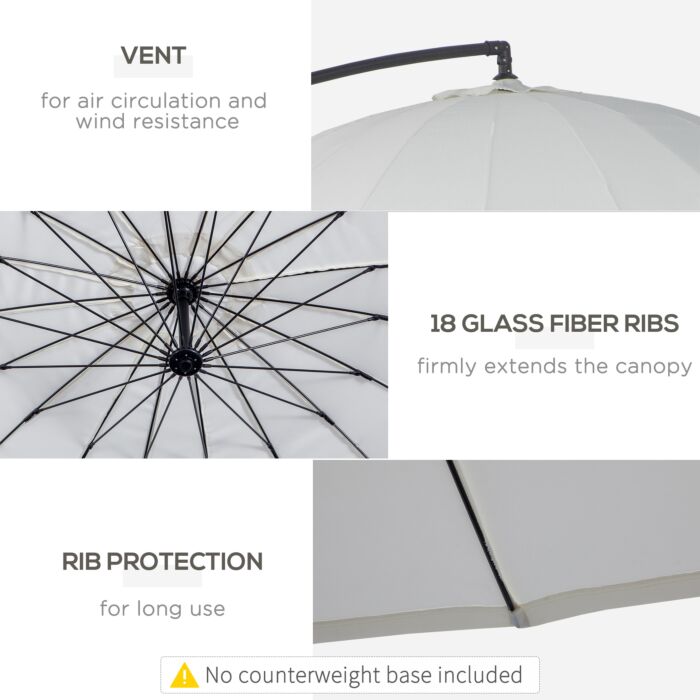 Outsunny 3(m) Cantilever Shanghai Parasol Garden Hanging Banana Sun Umbrella With Crank Handle, 18 Sturdy Ribs And Cross Base, Off-white