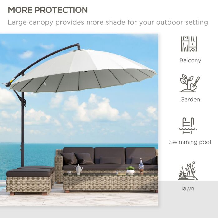 Outsunny 3(m) Cantilever Shanghai Parasol Garden Hanging Banana Sun Umbrella With Crank Handle, 18 Sturdy Ribs And Cross Base, Off-white
