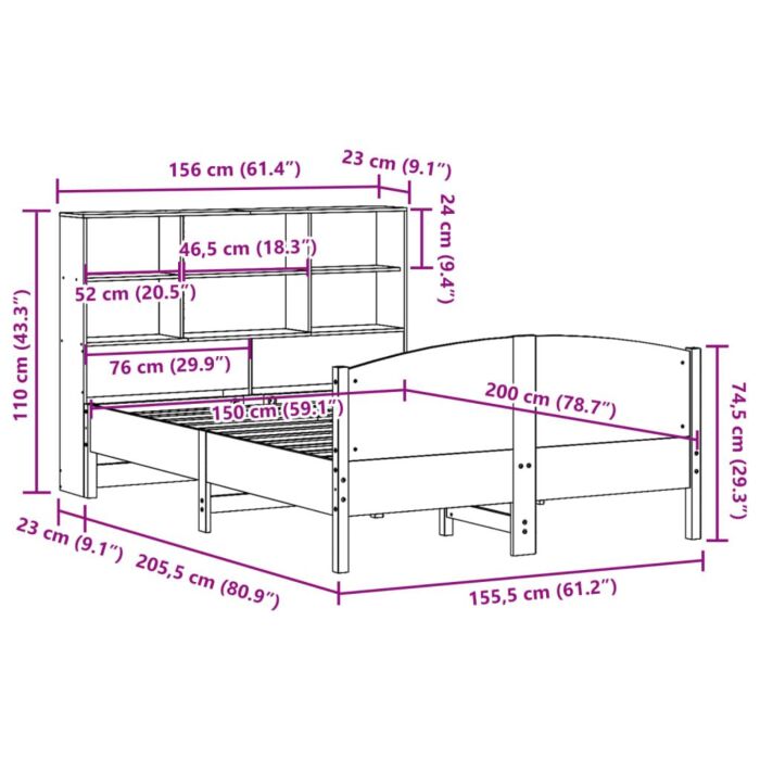 Vidaxl Bookcase Bed Without Mattress Wax Brown 150x200 Cm King Size Solid Wood Pine