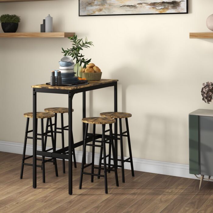 Homcom 5 Piece Bar Table Set With 4 Stools, Industrial Bar Table And Stool Set, Dining Table And Chair Set, Rustic Brown