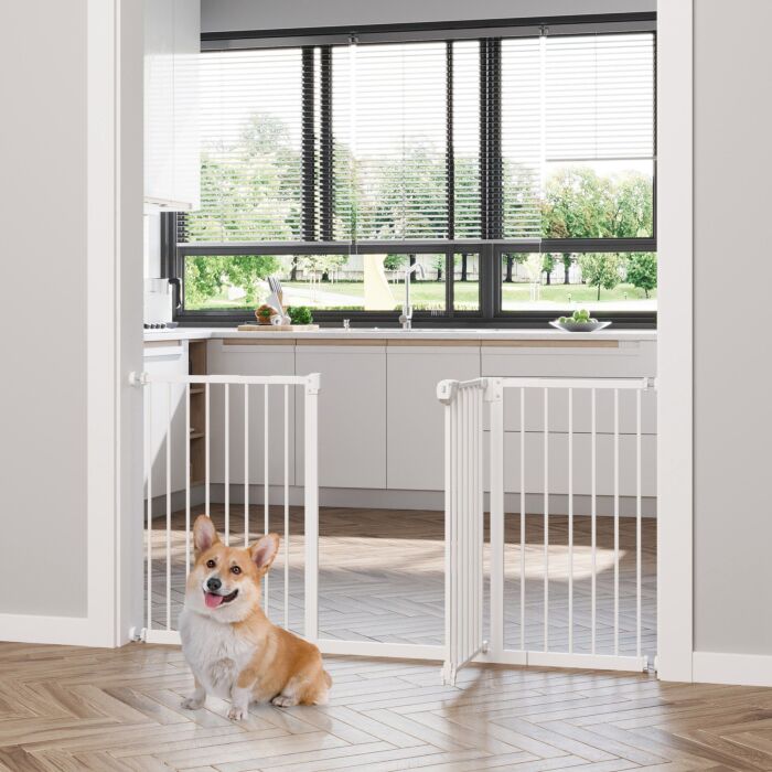 Pawhut Dog Gate Stair Gate Pressure Fit Pets Barrier Auto Close For Doorway Hallway, 74-148cm Wide Adjustable, White