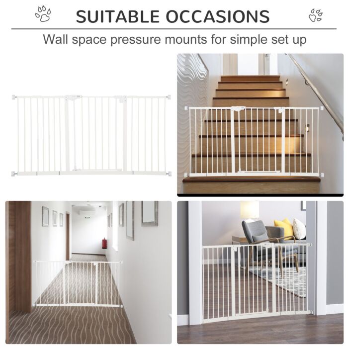 Pawhut Dog Gate Stair Gate Pressure Fit Pets Barrier Auto Close For Doorway Hallway, 74-148cm Wide Adjustable, White