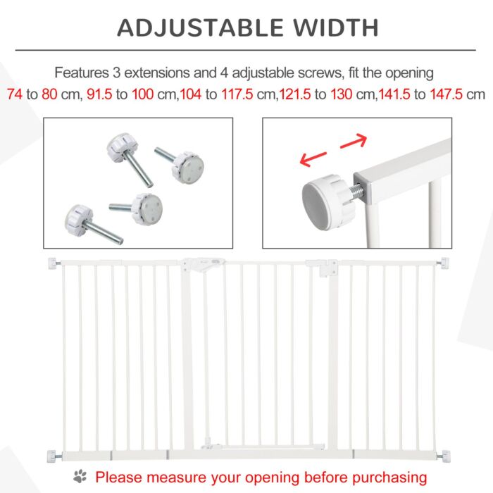 Pawhut Dog Gate Stair Gate Pressure Fit Pets Barrier Auto Close For Doorway Hallway, 74-148cm Wide Adjustable, White