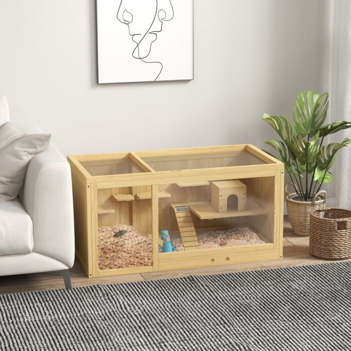 Pawhut Wooden Hamster Cage With Water Bottle, Platforms, Openable Roof, Sliding Tray, Hut, Seesaws, Natural Wood Finish
