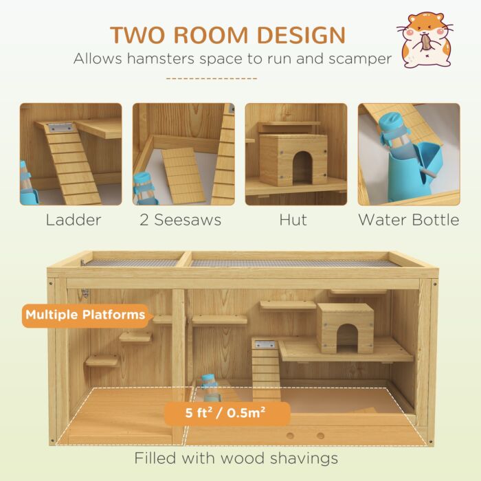Pawhut Wooden Hamster Cage With Water Bottle, Platforms, Openable Roof, Sliding Tray, Hut, Seesaws, Natural Wood Finish