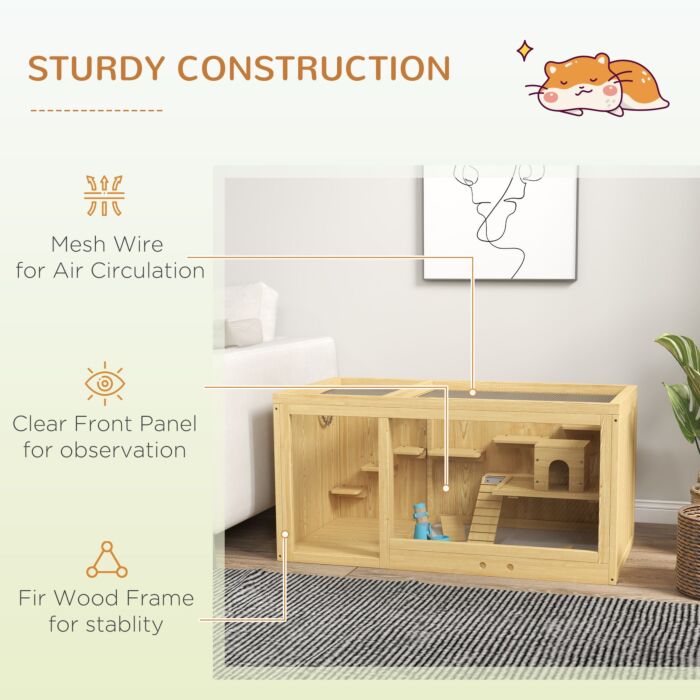 Pawhut Wooden Hamster Cage With Water Bottle, Platforms, Openable Roof, Sliding Tray, Hut, Seesaws, Natural Wood Finish
