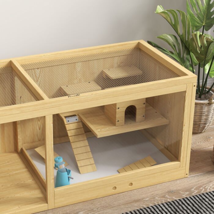 Pawhut Wooden Hamster Cage With Water Bottle, Platforms, Openable Roof, Sliding Tray, Hut, Seesaws, Natural Wood Finish