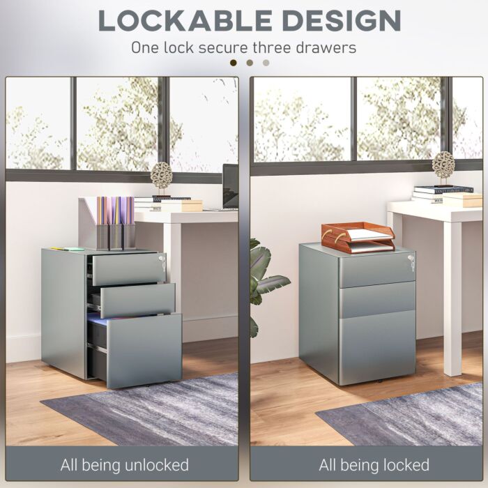 Vinsetto Lockable Cabinet, Rolling Filing Cabinet With 3 Drawers, Steel Office Drawer Unit For A4, Letter, Legal Sized Files