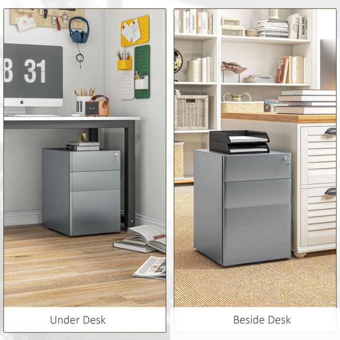 Vinsetto Lockable Cabinet, Rolling Filing Cabinet With 3 Drawers, Steel Office Drawer Unit For A4, Letter, Legal Sized Files