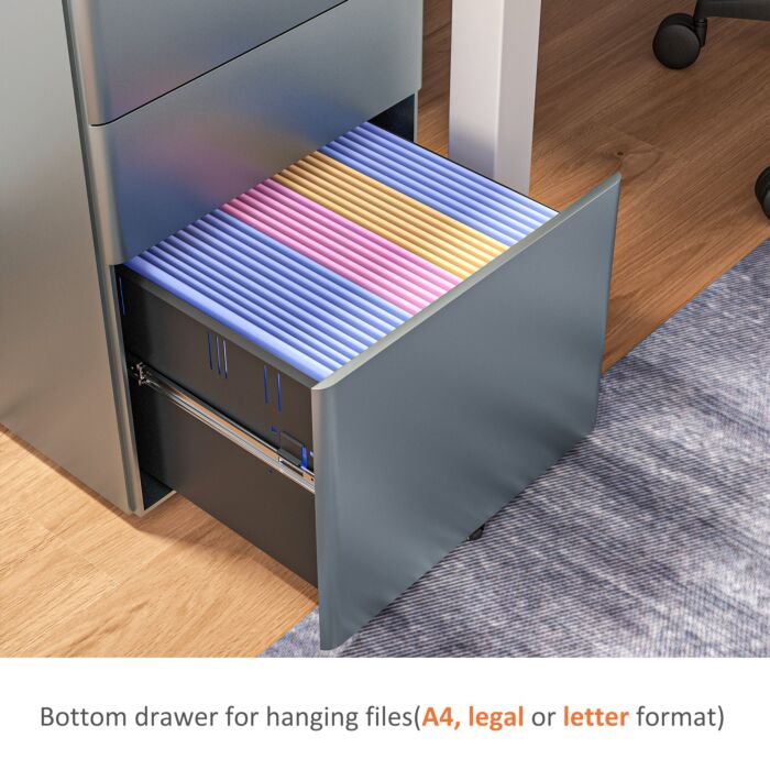 Vinsetto Lockable Cabinet, Rolling Filing Cabinet With 3 Drawers, Steel Office Drawer Unit For A4, Letter, Legal Sized Files