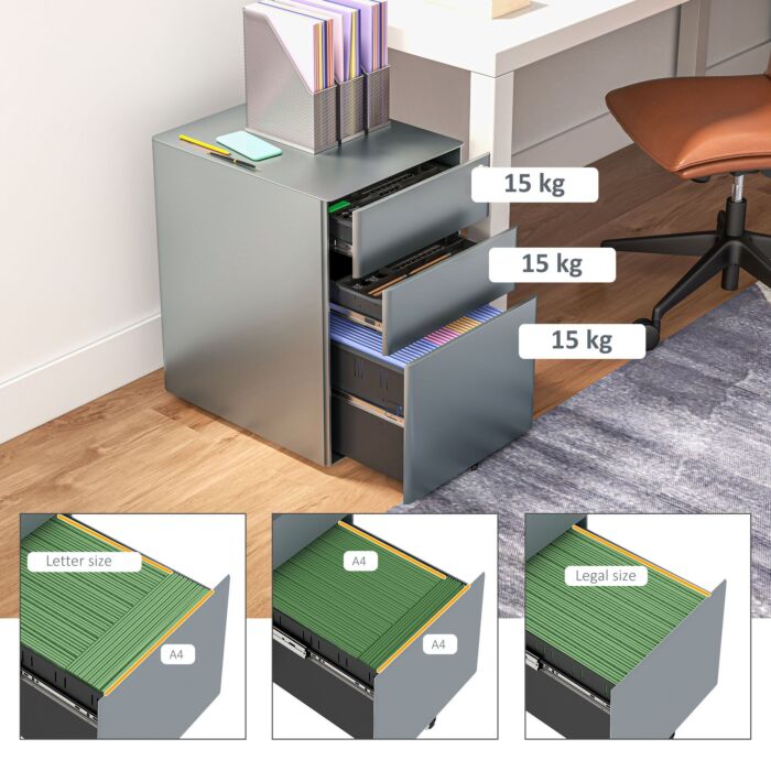 Vinsetto Lockable Cabinet, Rolling Filing Cabinet With 3 Drawers, Steel Office Drawer Unit For A4, Letter, Legal Sized Files